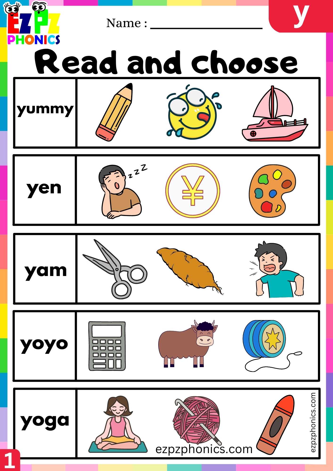 Letter Y Read And Choose Beginning Sounds Worksheet